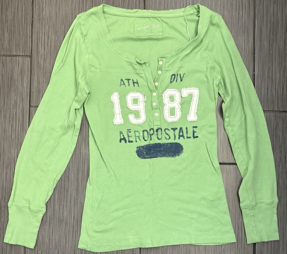 Aéropostale Long Sleeve Henley Shirt Y2K Lime Green 1987 Athletic Graphic XL